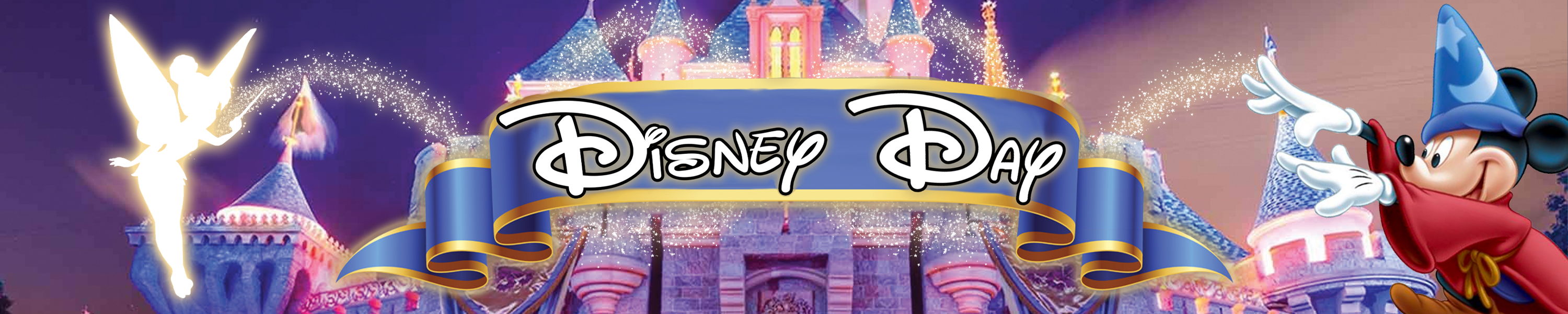 Disney Day banner with castle and iconic characters.