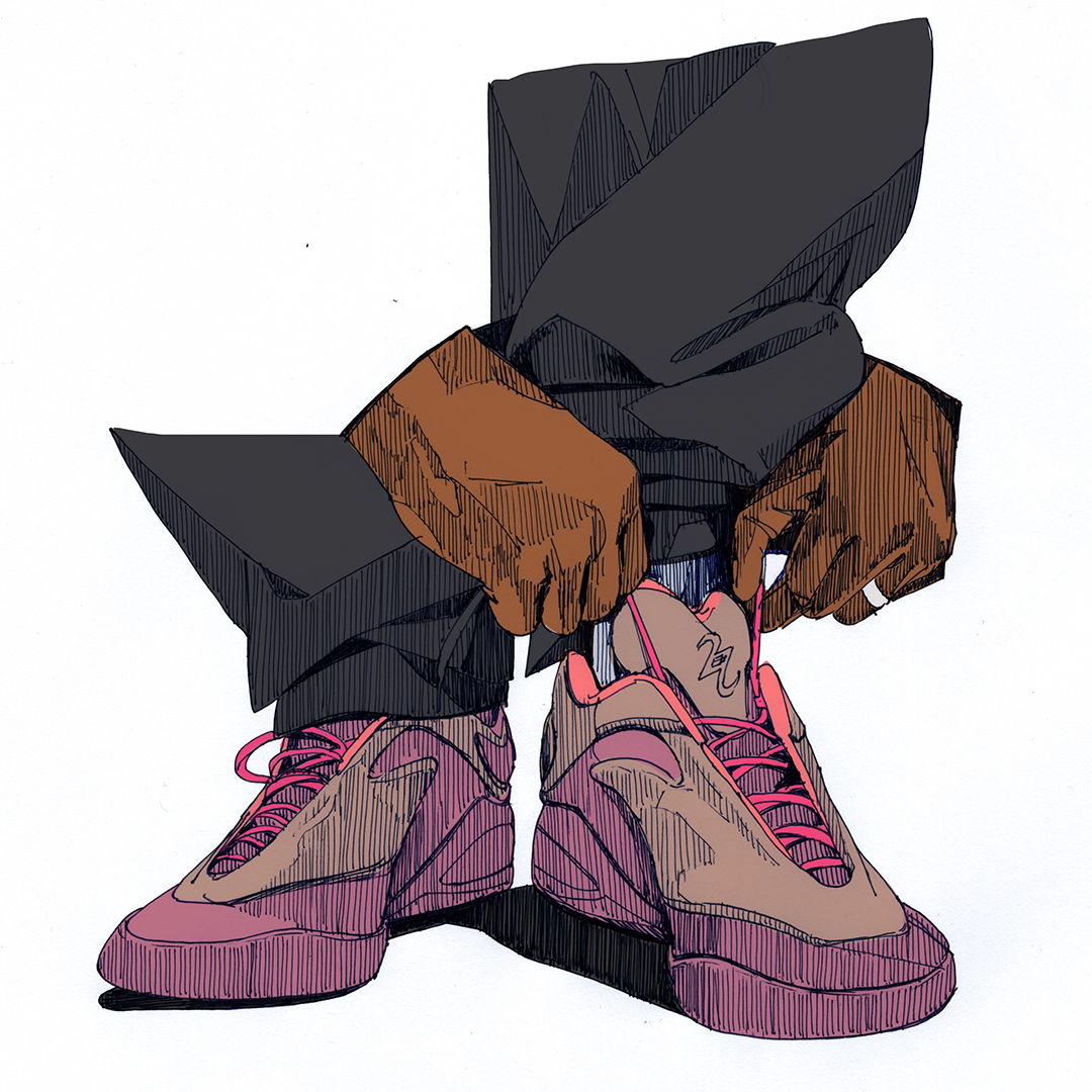 A person putting on pink sneakers while wearing dark pants.