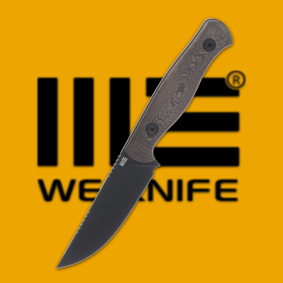 Knife with a black blade and brown handle on a yellow background.
