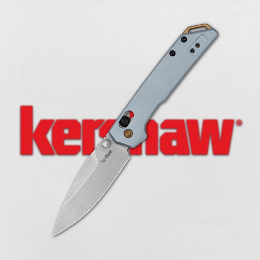 A folding knife in front of the Kershaw logo.