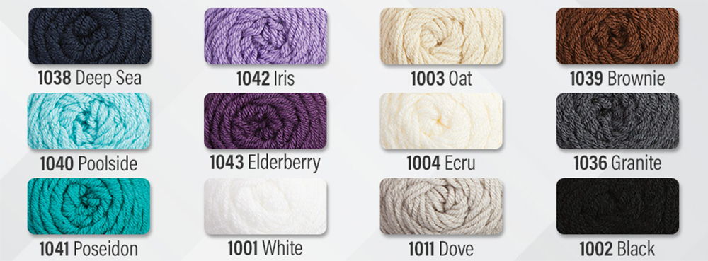 Color swatches of yarn in various shades and names. Herrschners Be-Stitched Yarn colors.