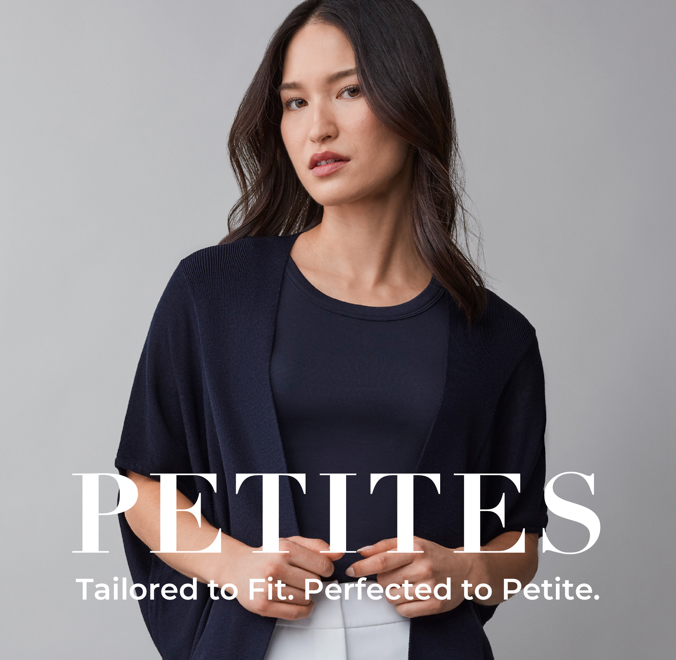 Model showcasing petite clothing with text 