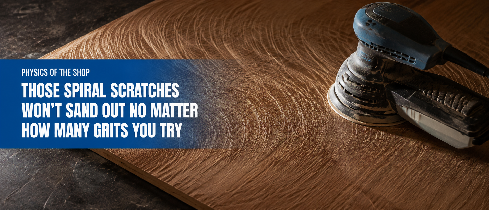 Wood surface with spiral pigtail scratches under raking light, random orbital sander resting on surface