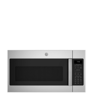 Stainless steel microwave with digital controls and a black glass front.