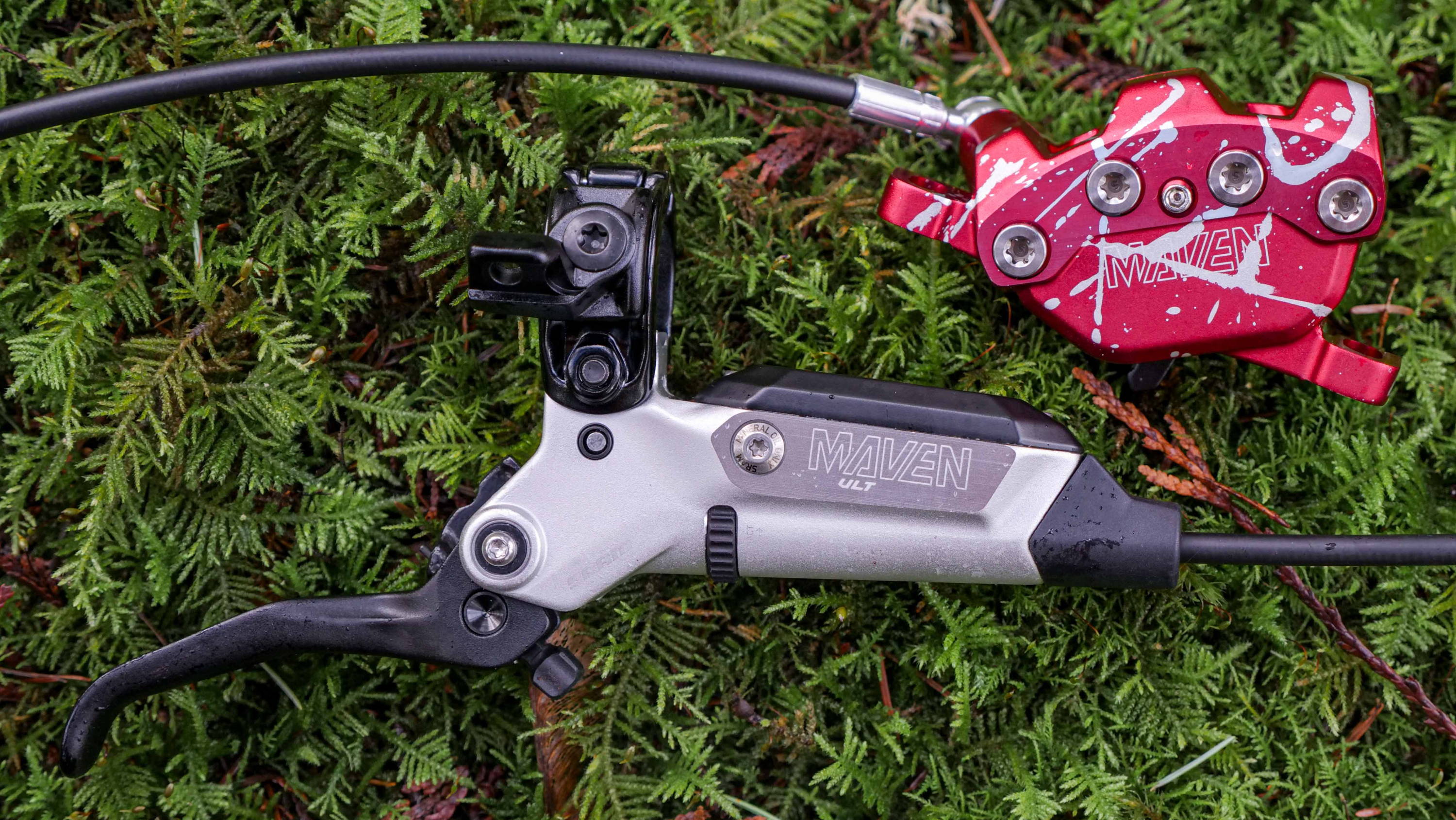 SRAM Maven Ultimate Lever and Caliper against green moss background
