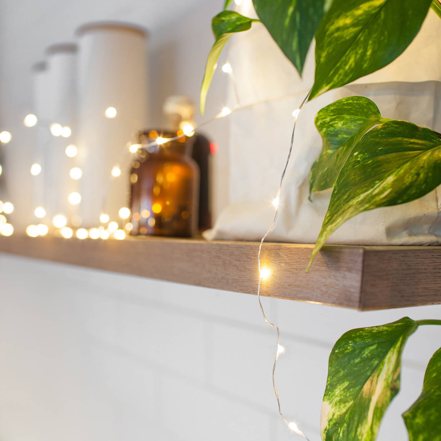 Illuminated micro lights draped along shelf.