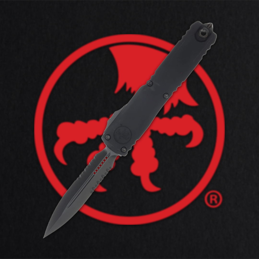 A black knife over a red circular logo with octopus-like design.