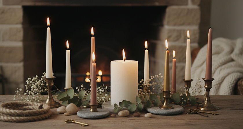Candle arrangement on a wooden mantle with taper candles, eucalyptus, and baby’s breath.