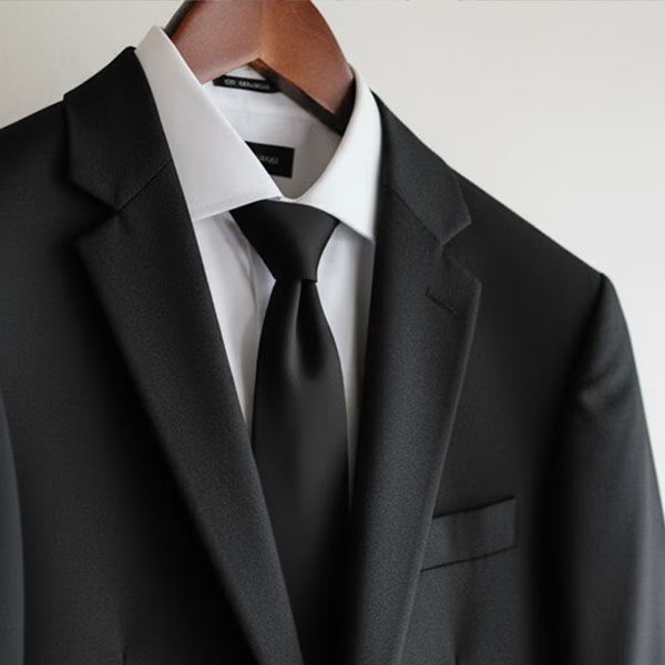 A men’s suit, white dress shirt, and tie hanging together with the tie centered between the suit lapels to show proportional balance.