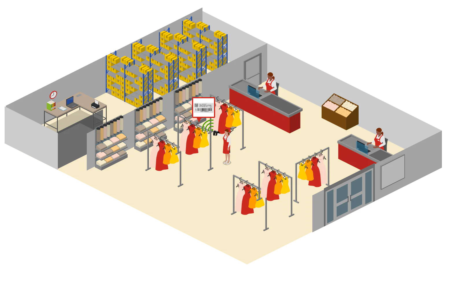 Illustration of a store layout with counters and flags.