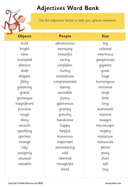 Adjectives word back uplevelling sentences