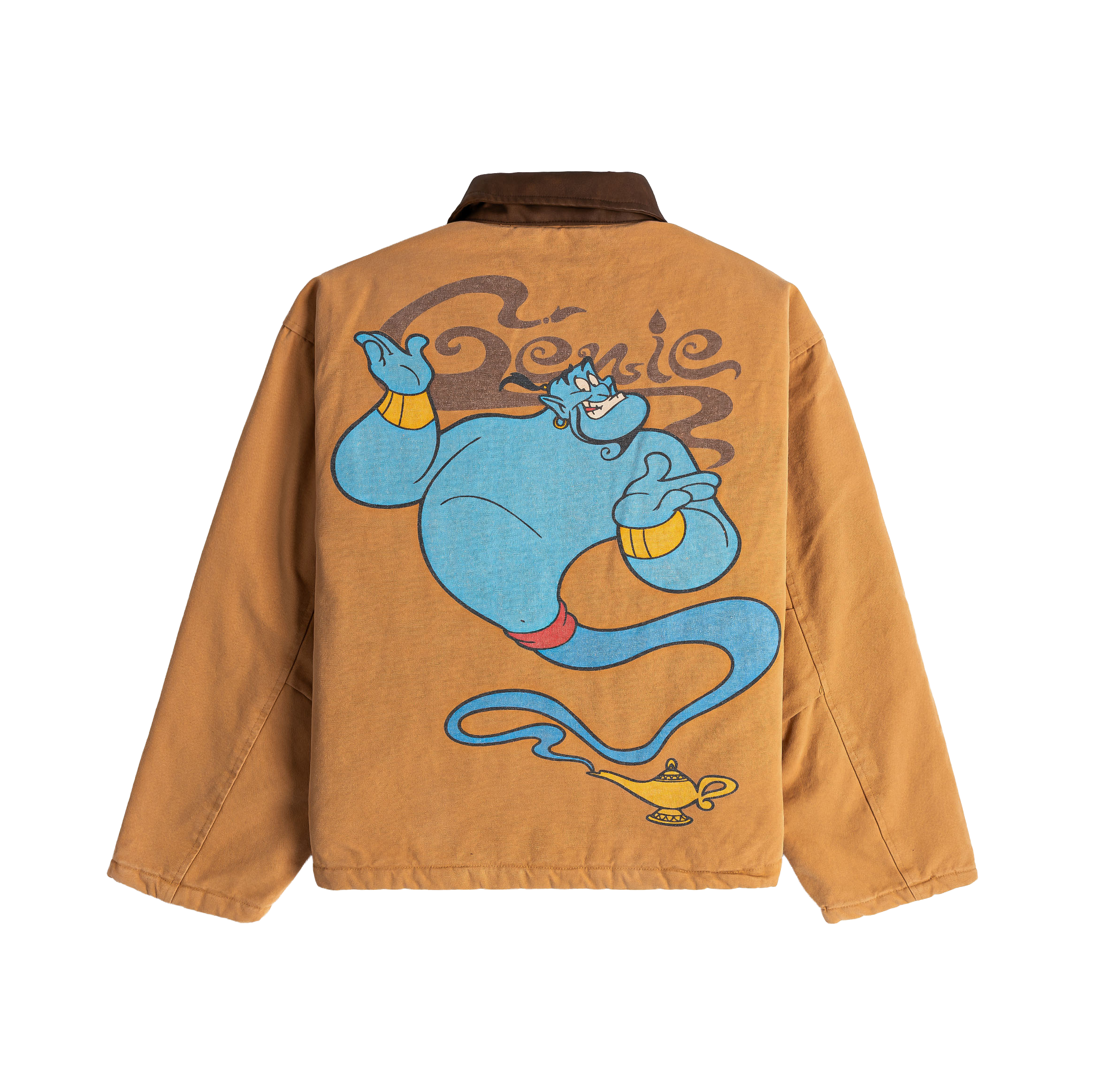 Brown jacket with colorful pockets, featuring an Aladdin theme design.