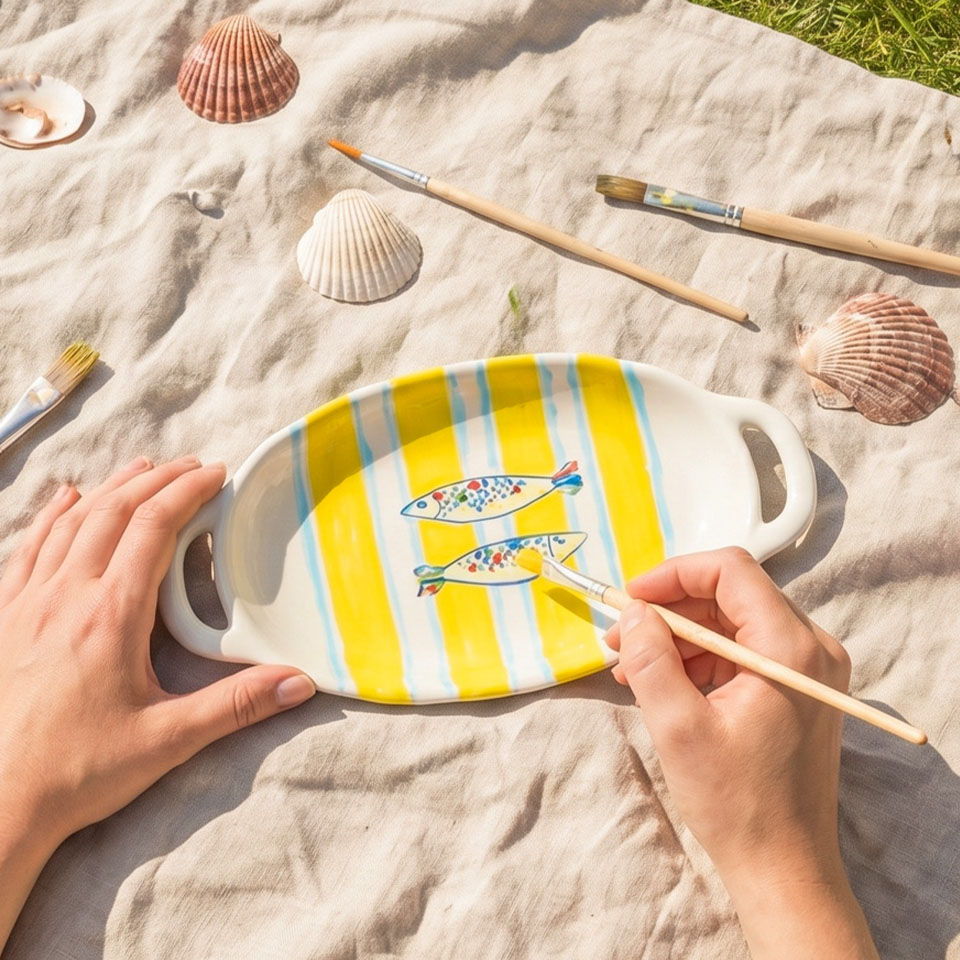 A person painting a decorative dish surrounded by seashells and art supplies.
