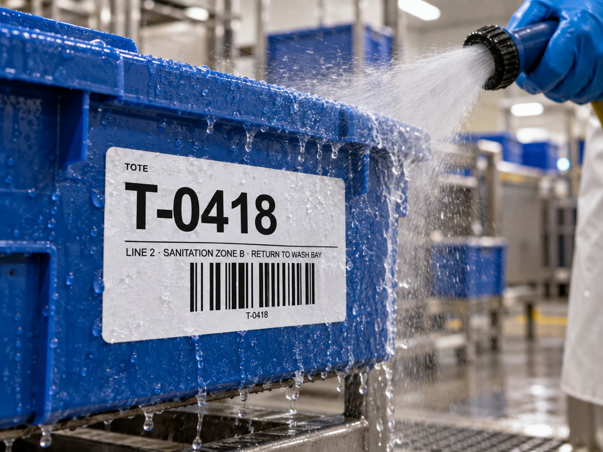 Water beading off a synthetic label on a tote during washdown.