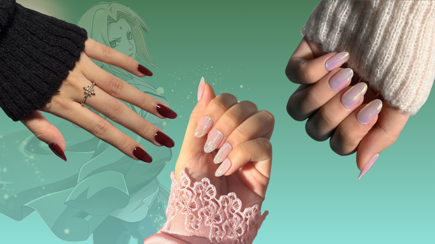 Tsunade cosplay nails using EyeCandys gel nail stickers in Sugar Cookie and Wine Not for her signature crimson-inspired manicure