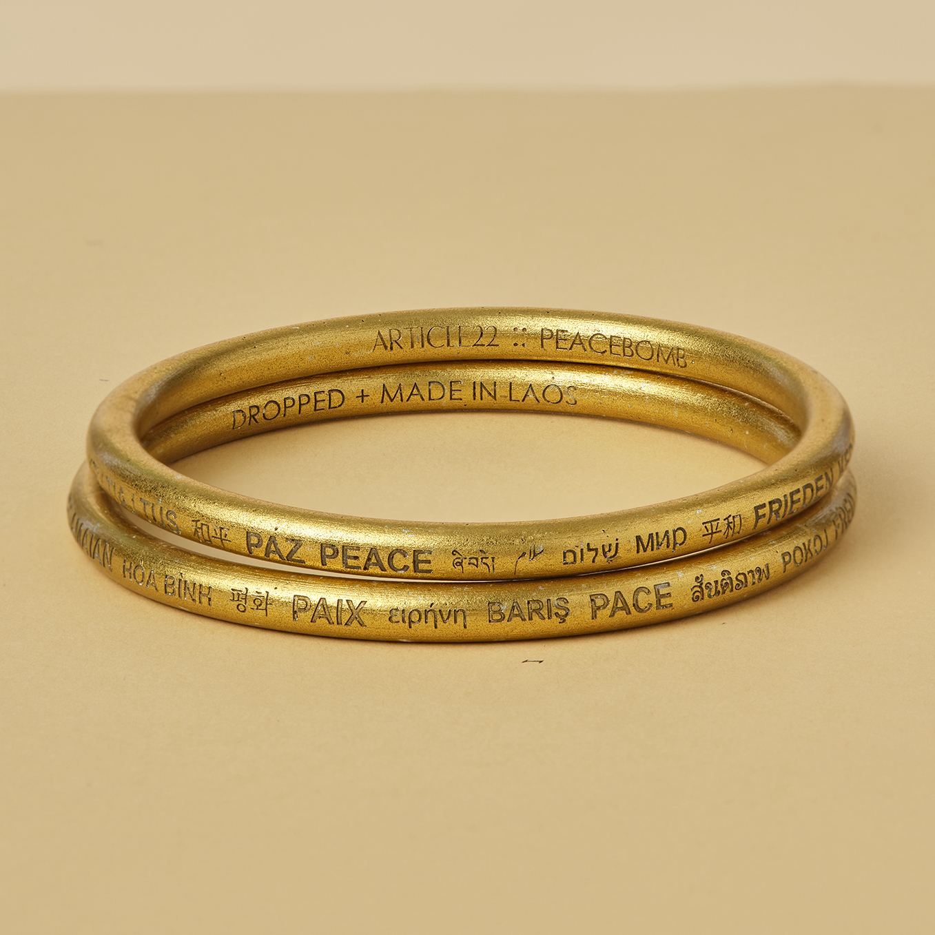 A silver bangle on a card with a world map design.