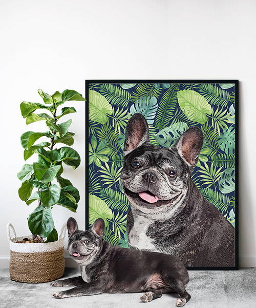 French Bulldog pop art on framed print with leaf background