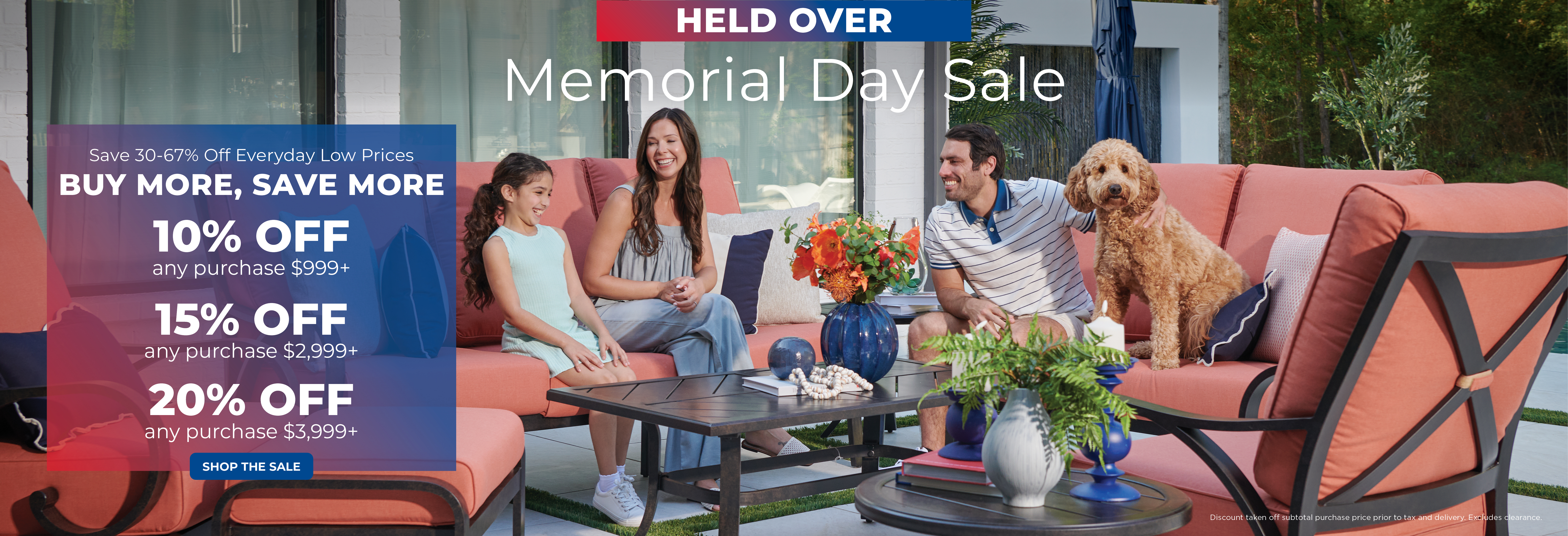 Memorial Day Sale with family, dog, and discounts displayed.