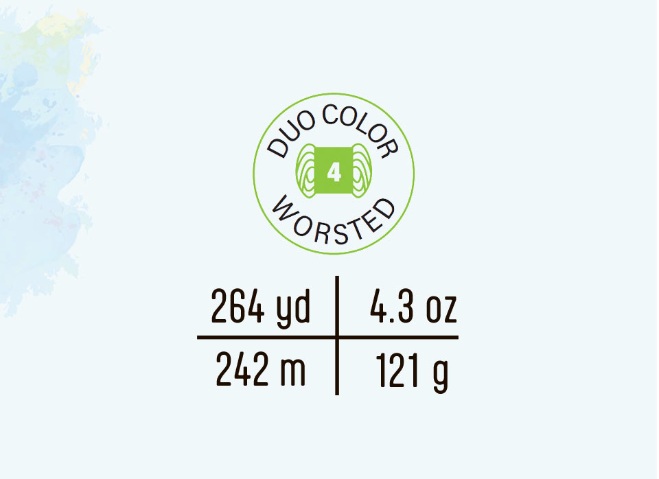 Duo color worsted yarn specifications: 264 yards, 4.3 ounces, 242 meters, 121 grams.