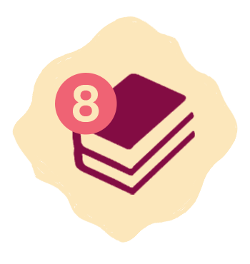 Icon of stacked books with the number 8 in a circle.
