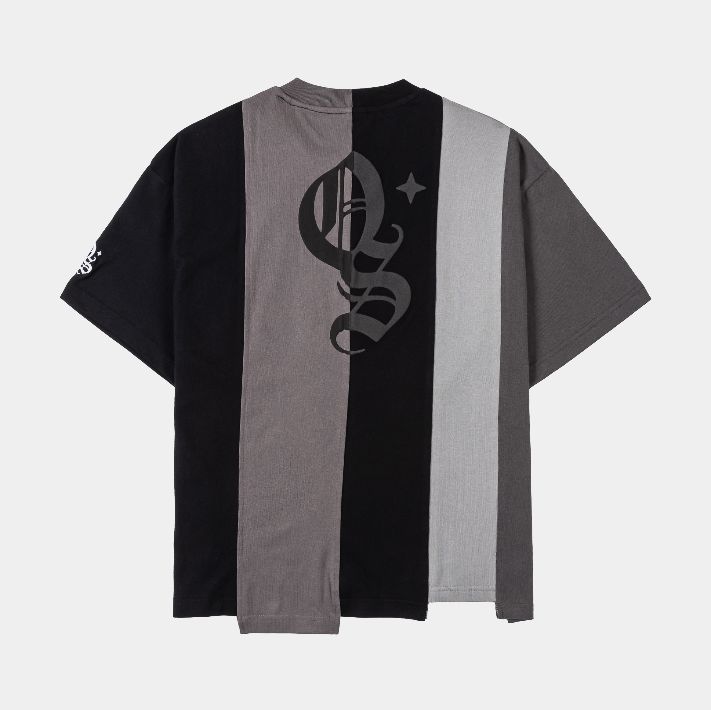 Graphic t-shirt featuring a mix of black, gray, and blue colors.