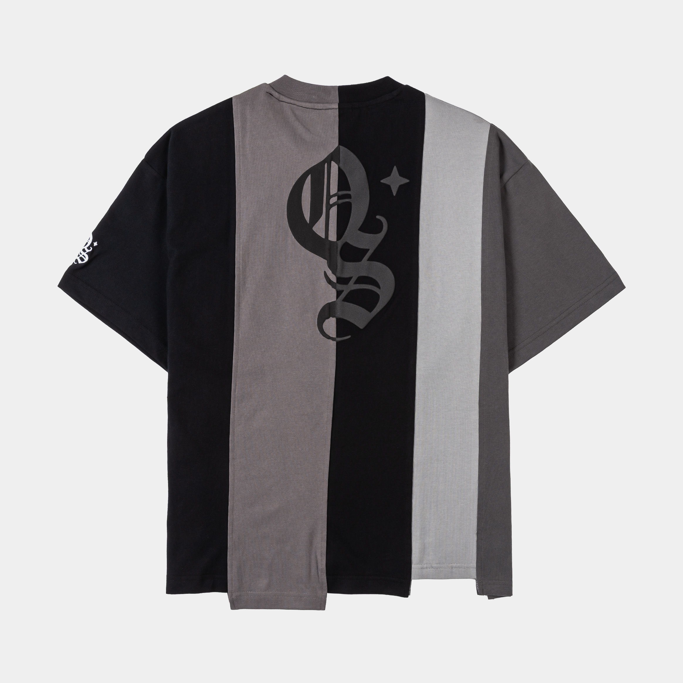 Graphic t-shirt featuring a mix of black, gray, and blue colors.