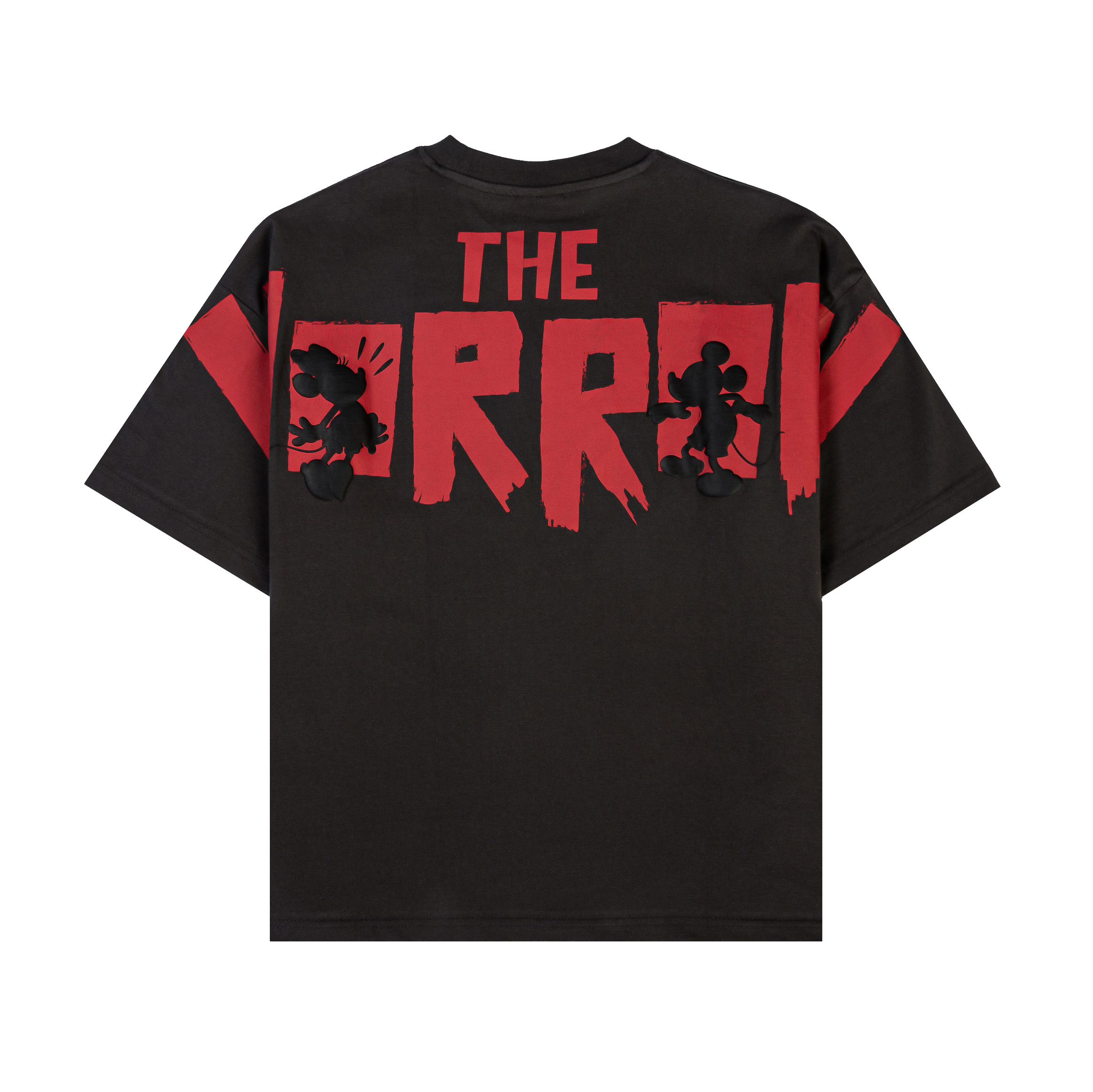 Black t-shirt featuring Mickey Mouse covering his eyes with hands.