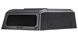 A black truck cap with a sleek design and side compartments.