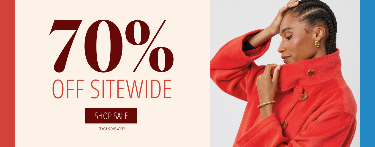 70% off sitewide sale with a model in a red coat.