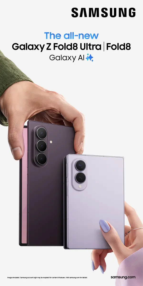 Two Samsung Galaxy Z Fold8 smartphones held by different hands.