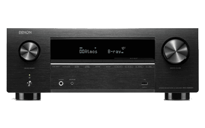 Black audio receiver with knobs and display panel.