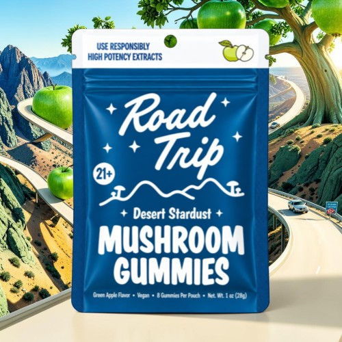 Blue packaging for Desert Stardust Mushroom Gummies with road trip theme.