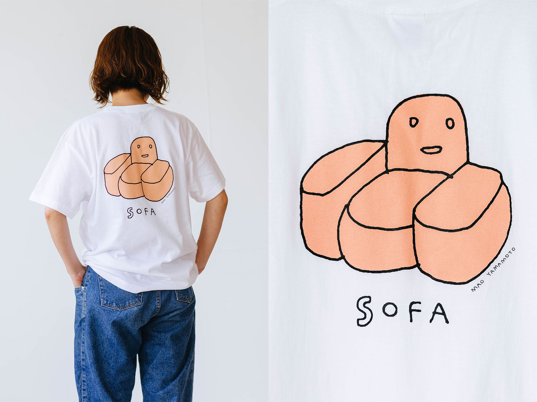 Person wearing a white t-shirt with a cartoon sofa design on the back.