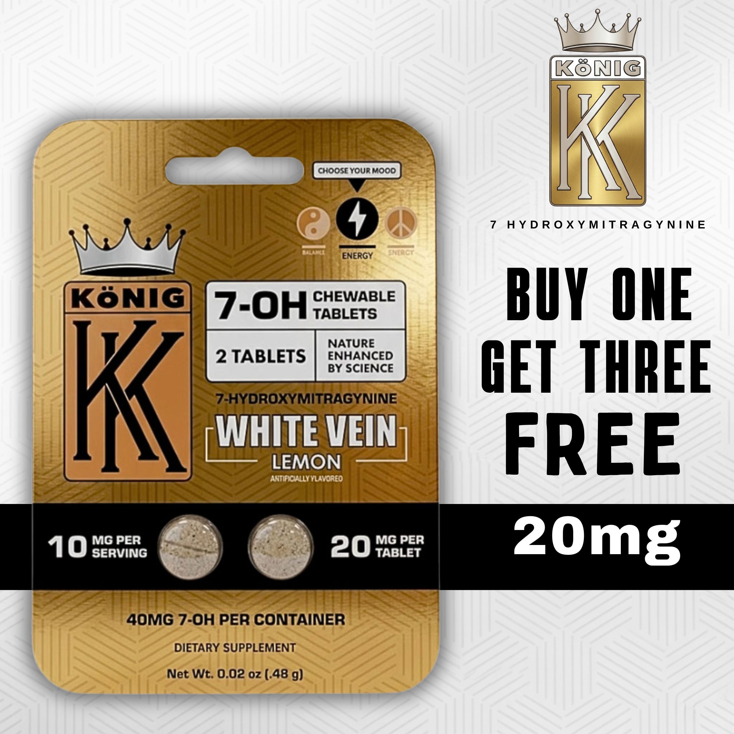 König 7-OH White Vein Lemon tablets packaging with promotional offer.