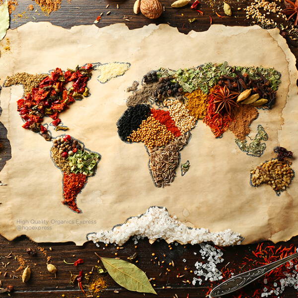 High Quality Organics Express world map of spices