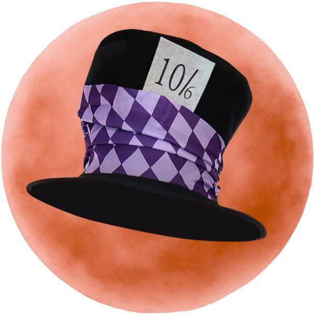 An orange circle with a Mad Hatter Hat. Click to shop all Book Week Hats.