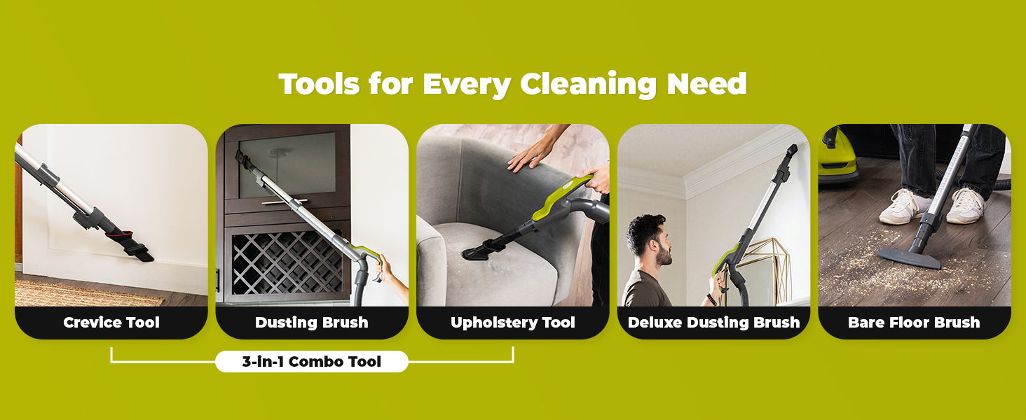 Tools for every cleaning need displayed in six images.