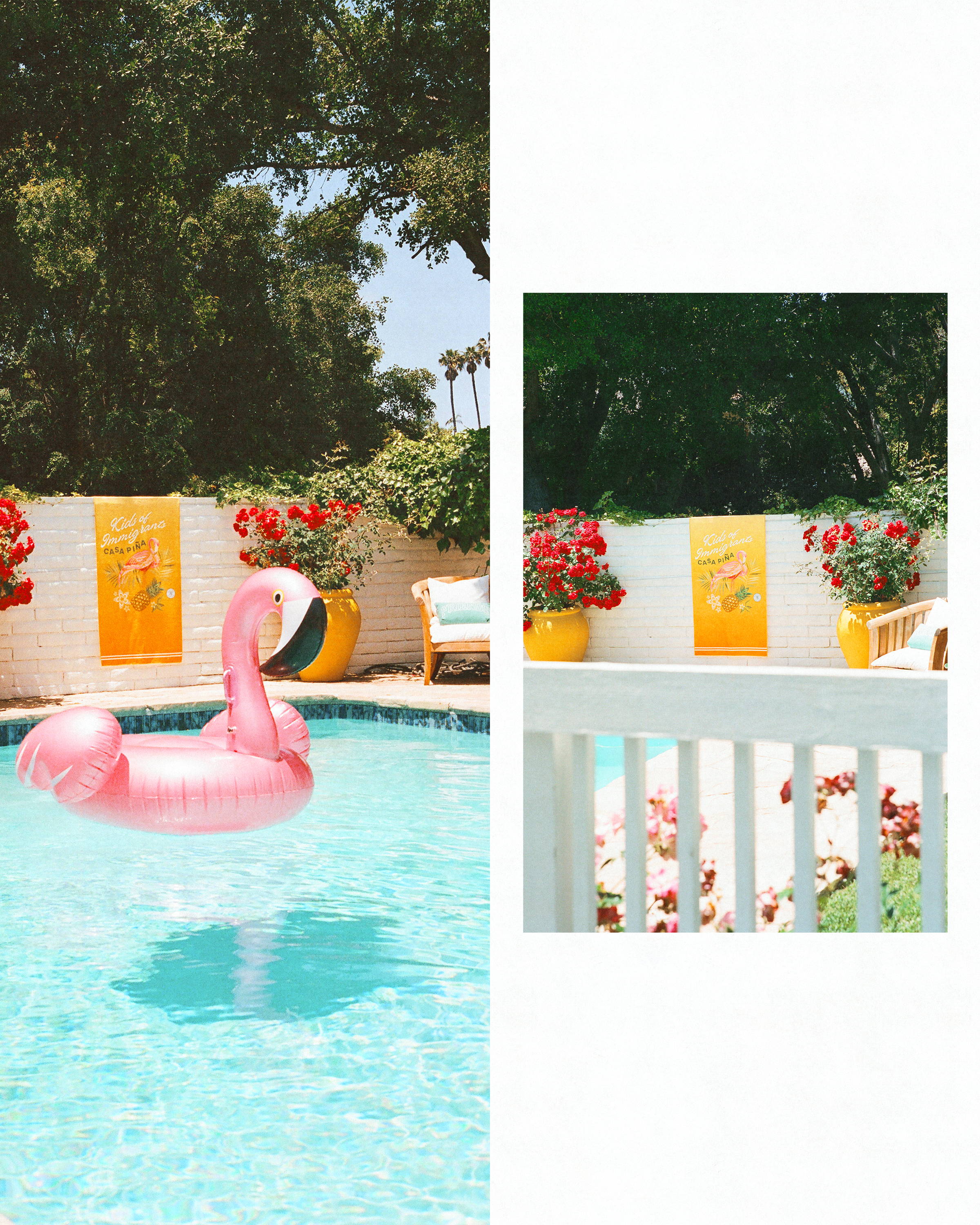 Pool with flamingo floaty next to Kids of Immigrants x Buchanans Casa Pina collaboration towel 