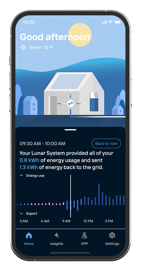 Lunar Energy mobile app displaying energy usage with graphs and weather details.