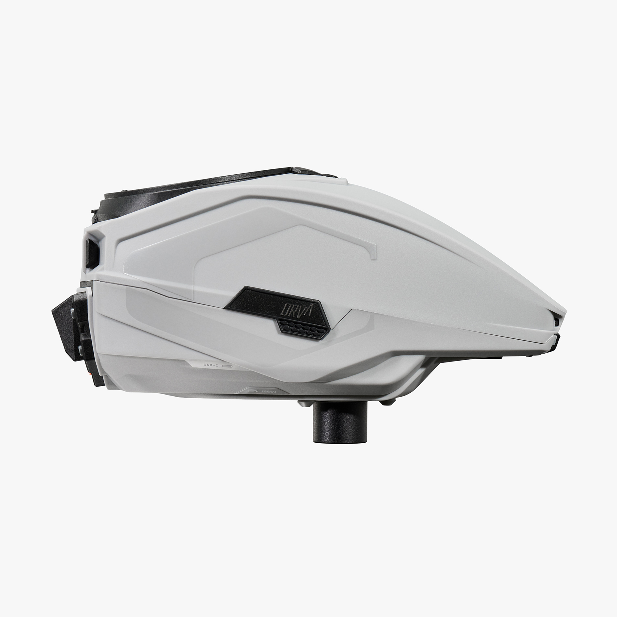 A sleek gray paintball loader viewed from the side.