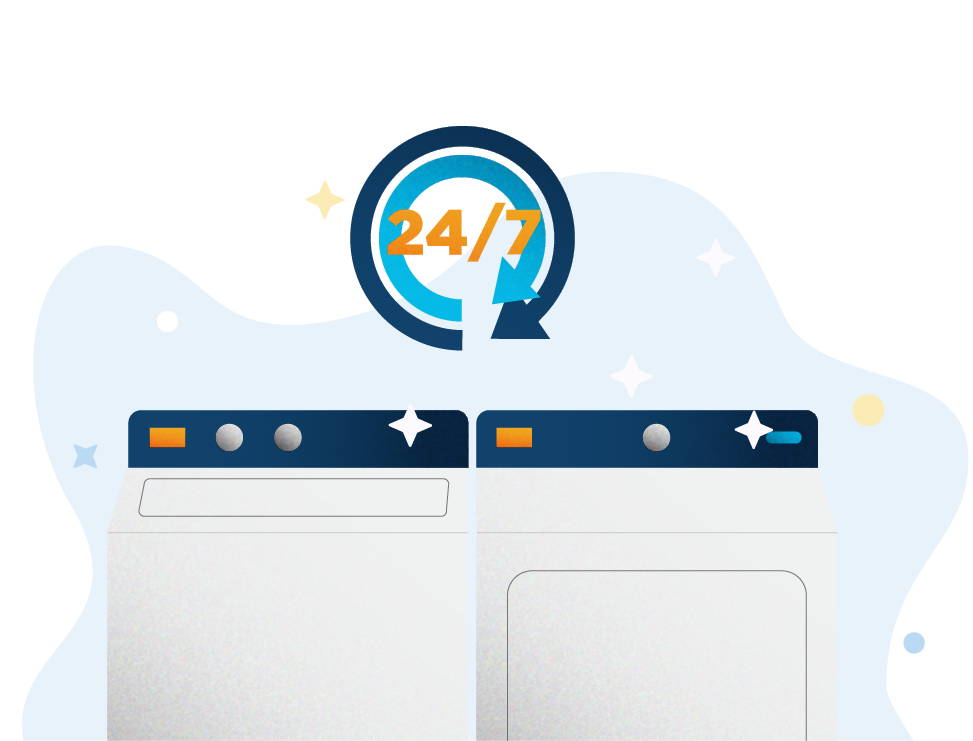 24/7: illustration showing sparkling clean washer and dryer