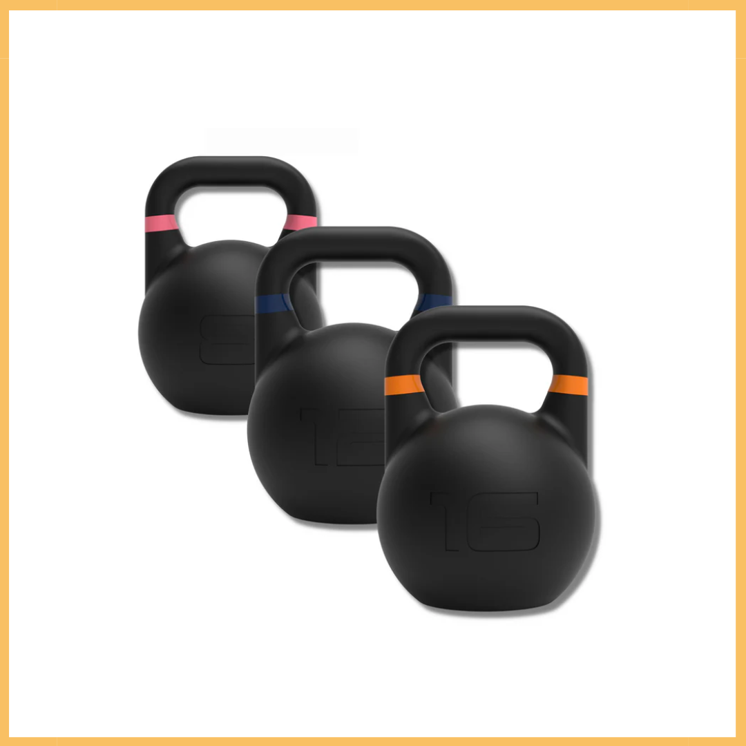 Three black kettlebells with colored handles in a row.