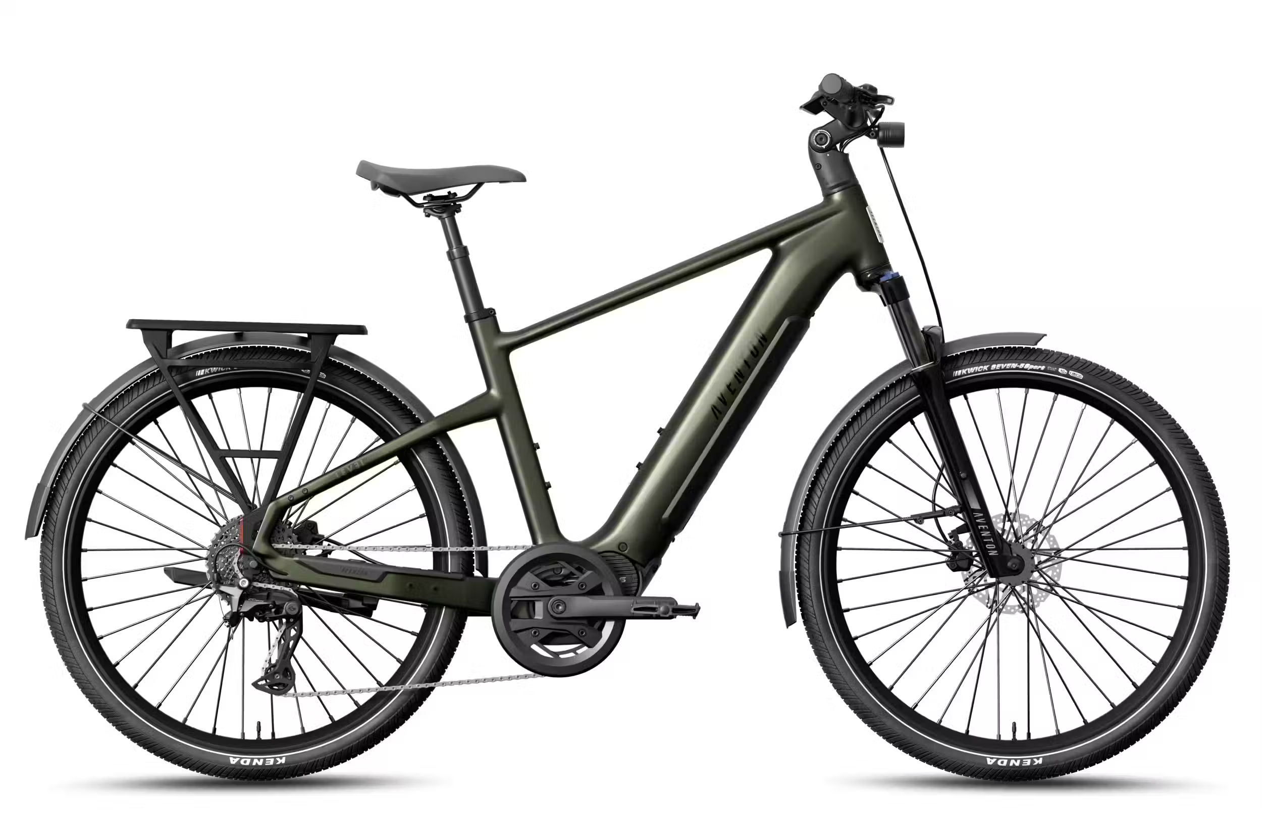 Electric bike in dark green color with wide tires and accessories.