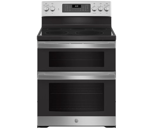 Black and stainless steel double oven range with control knobs