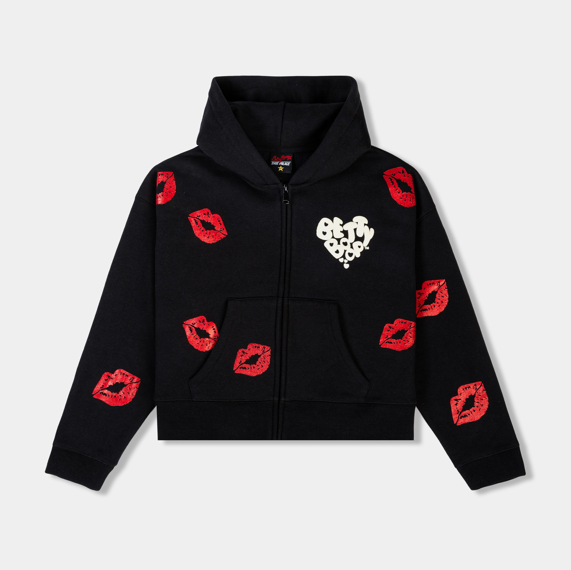 Black hoodie with red lips and a heart design.