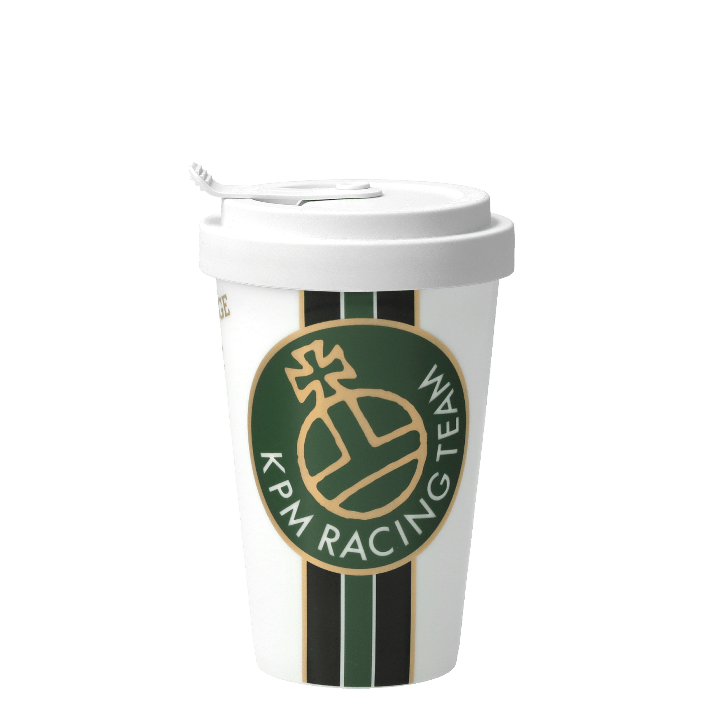 White coffee cup with green logo and 