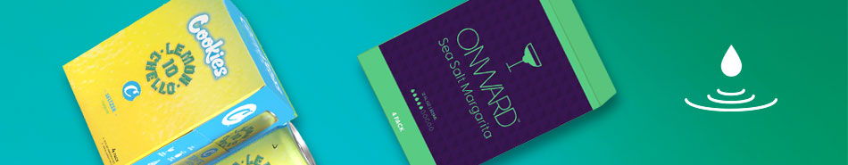 Two colorful cards on a vibrant background with a water droplet symbol.