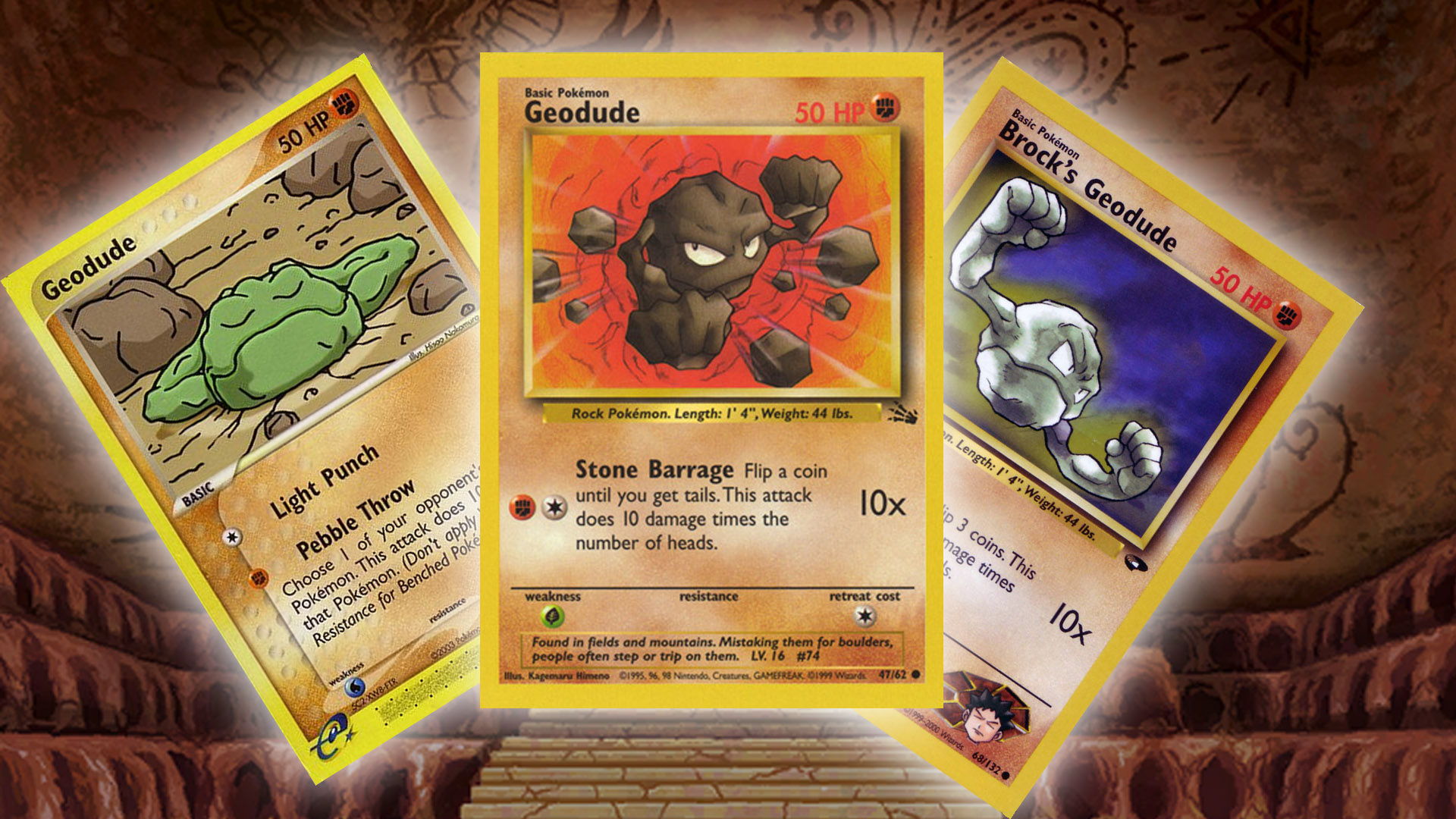 A selection of three Geodude Pokémon cards.