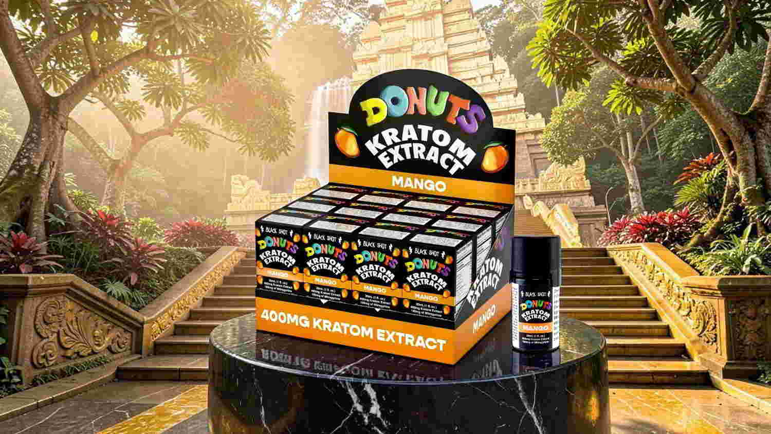 Display of donut extract boxes in a scenic garden setting.