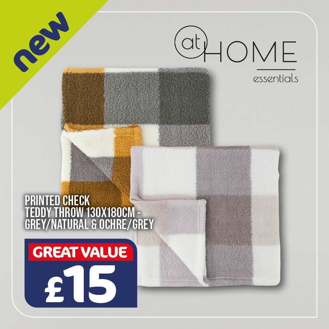 New At Home printed check teddy/throw 130 x 180cm grey/natural & ochre/grey
